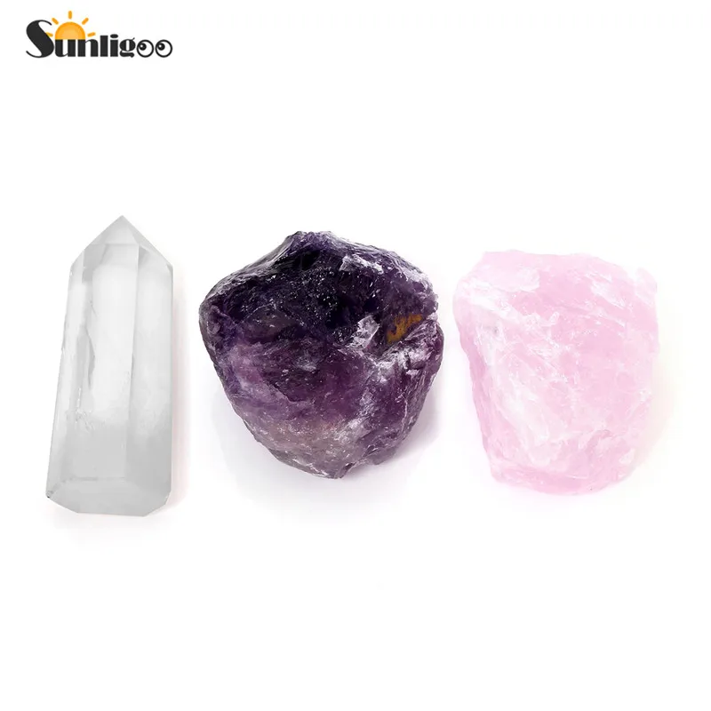 

Sunligoo Reiki Healing Crystal Therapy Kit Rough Amethyst Rose Quartz Raw Stones Clear Quartz Self-Standing Crystal Point Wand