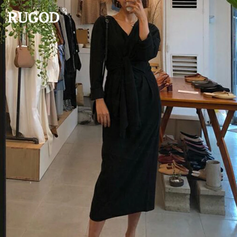 Женское платье средней длины RUGOD однотонное с длинным рукавом и поясом в стиле