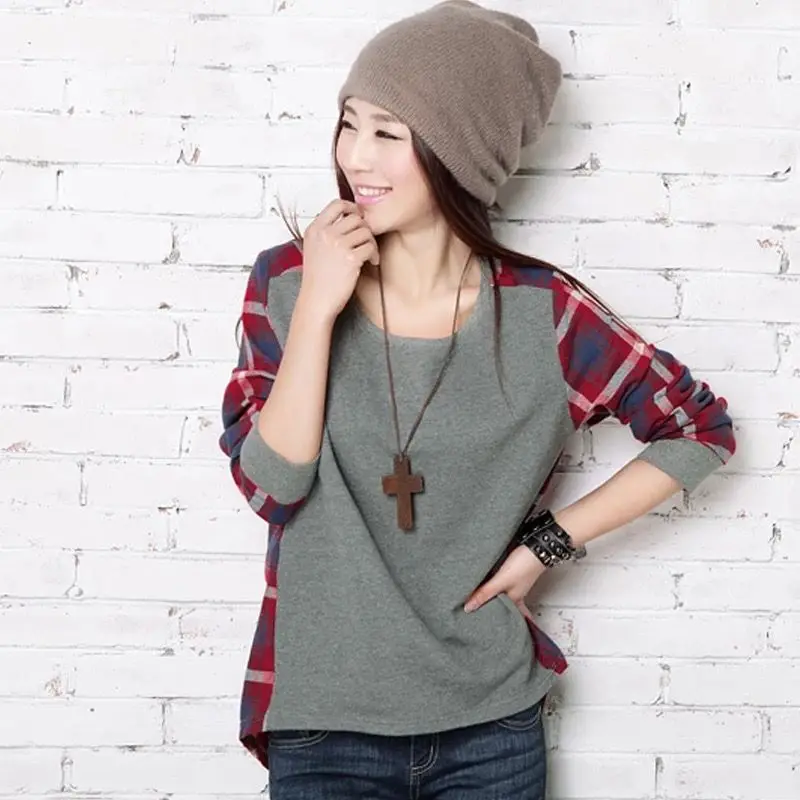 Женские модные пуловеры большого размера клетчатый пуловер с длинным рукавом