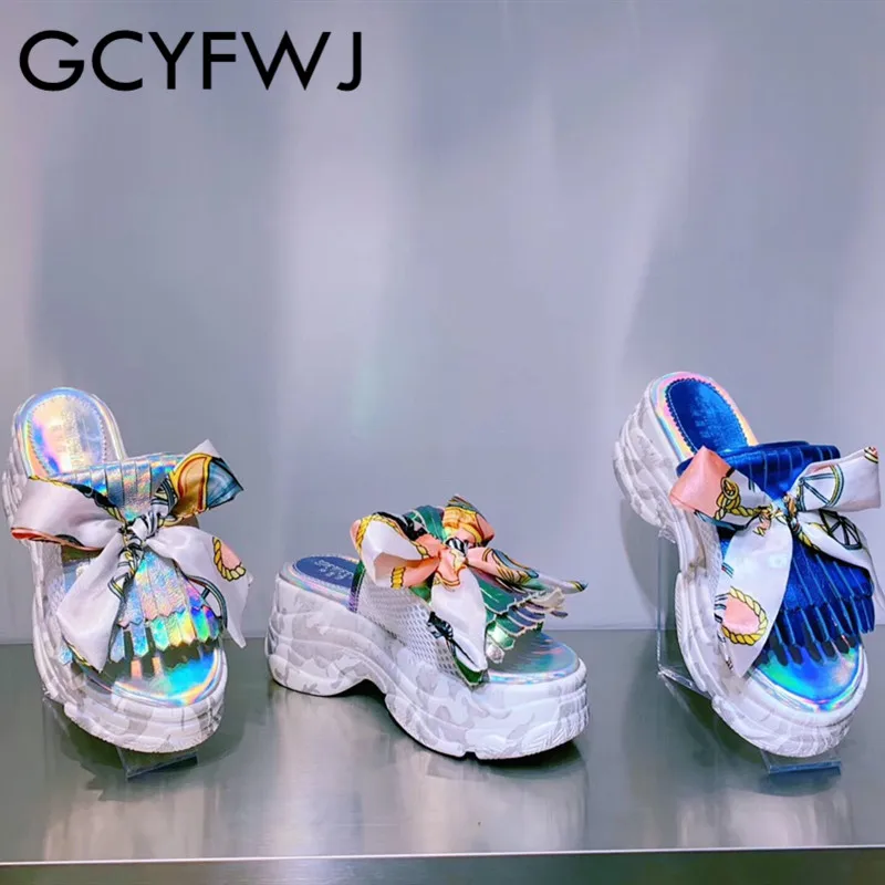 GCYFWJ/шлепанцы на платформе; женские босоножки из воловьей кожи с бахромой и бантом; Новинка года; сезон лето; Разноцветные женские туфли, увеличивающие рост