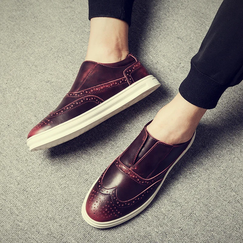 CNFIIA Men Leather Shoes Casual Red Black Brown Brogues Loafers 2018 Autumn New Slip on Male Walking Footwear | Обувь