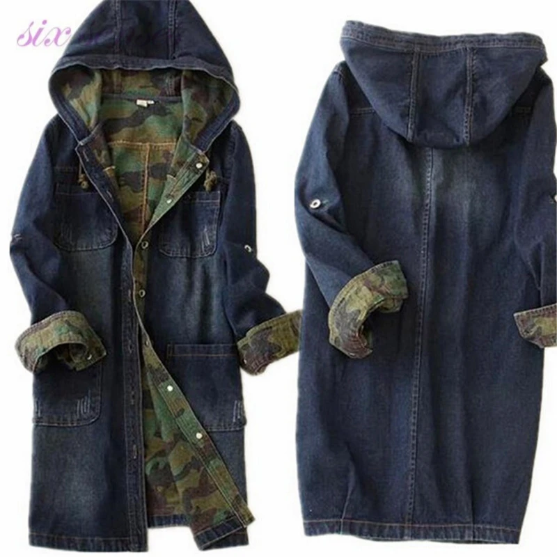 2016 Женская длинная куртка пальто однобортная джинсовая с капюшоном камуфляжная