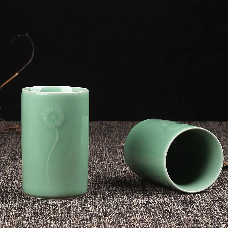 280ml Longquan Celadon Straight Cup Flower Pattern Teaware Drinkware Art Water Cups Master Teacup Coffee Milk Mug Accessories | Дом и сад