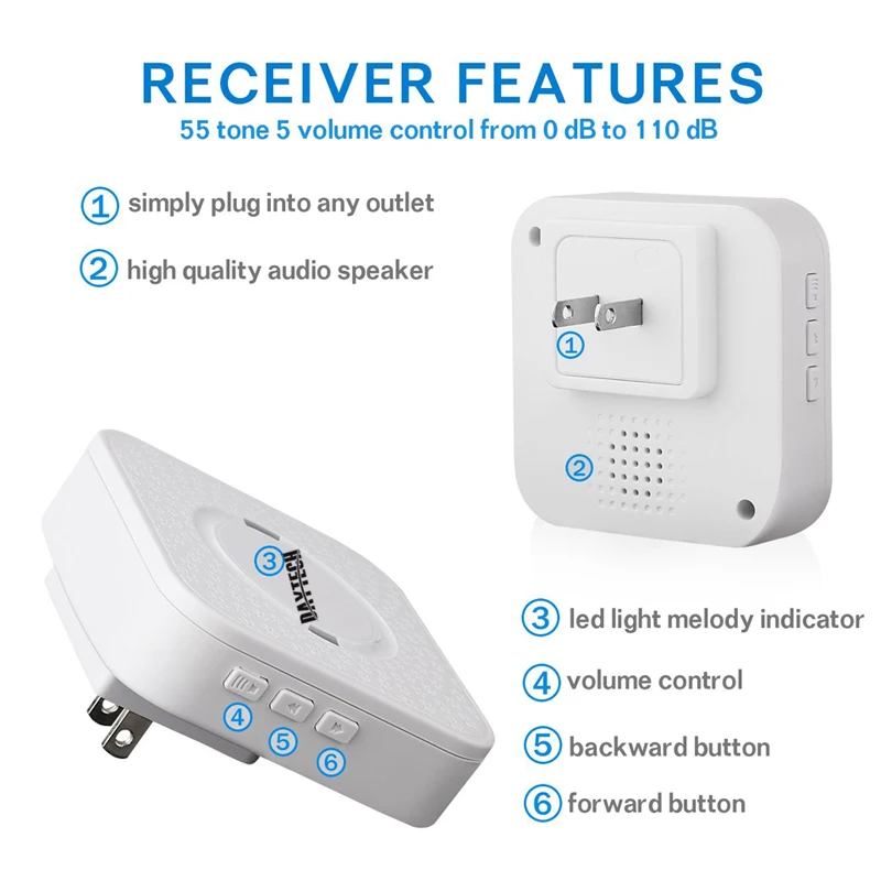 Беспроводной дверной звонок DAYTECH Водонепроницаемый IP44 с 55 курантами