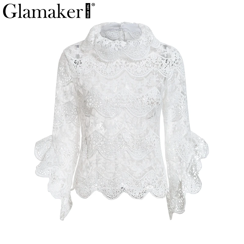 Женская прозрачная блузка Glamaker белая с длинным рукавом и кружевной