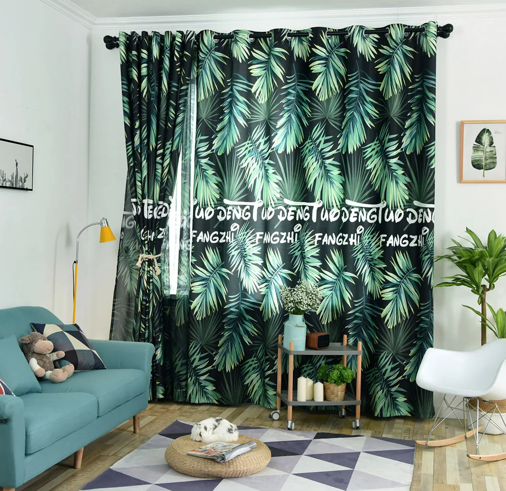 Nordic Style Unique Digital Printing Tropical Rainforest Leaves Tulle Curtains For Living Room Shade Blackout Curtains WP028-40