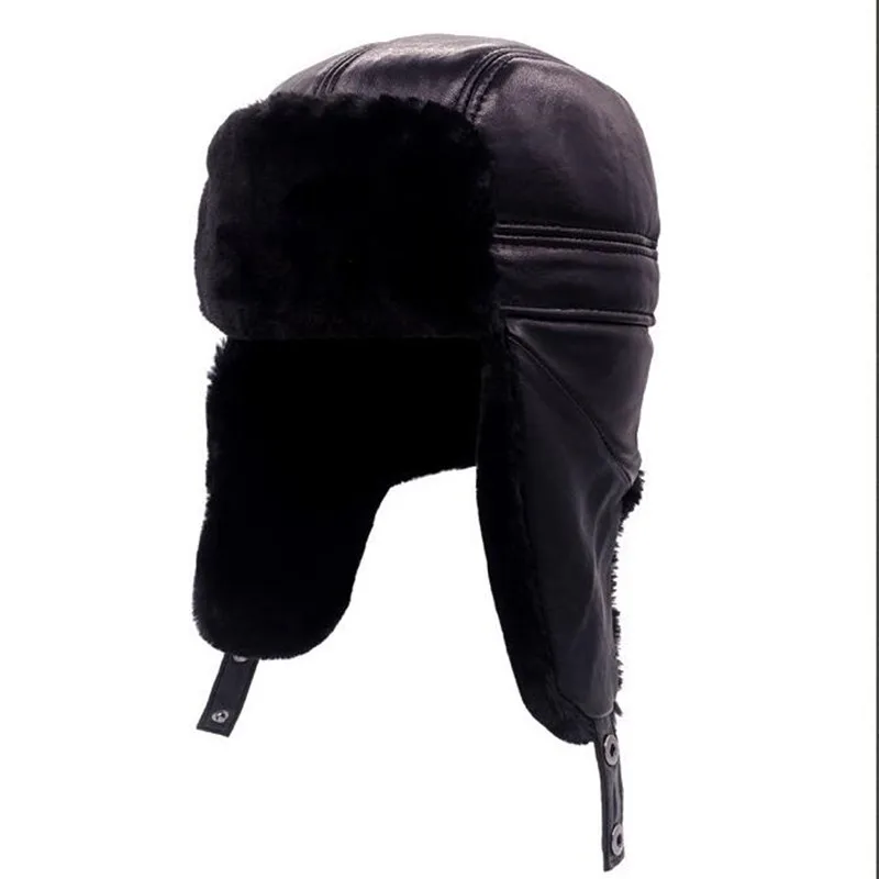 Genuine Leather Bomber Hat Middle Elderly Men Winter Thicken Plus Velvet Warm Cap Sheepskin Fashion Outdoor Male Black Hats H263