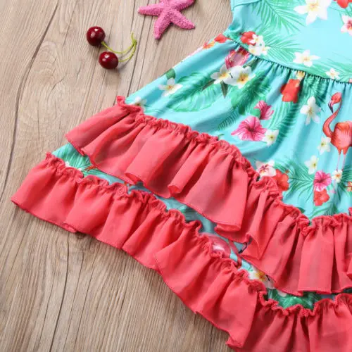 2018 New Princess Kid Girl Flamingo Floral Dress Baby Girls Sleeveless Summer Party Children Fashion Outfit Sundress | Детская одежда и