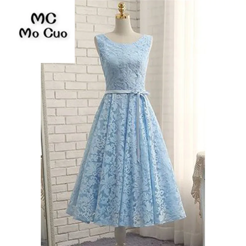 

2018 Sky Blue Prom Dresses Ankle Length Tank Scoop Ribbons Lace Up Back Formal Evening Party Dress for Women