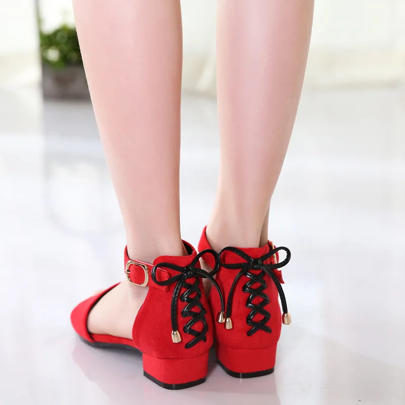 Girls Open Toe Casual Sandals Princess Low Heels Buckle Dress Shoes Kids Students Lace Up Soft Party AA51334 |