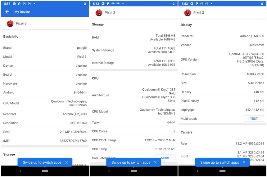 Абсолютно Google Pixel 3 Мобильный телефон Snapdragon 845 4 Гб 64 Гб 5," Восьмиядерный Android 9 NFC Google смартфон