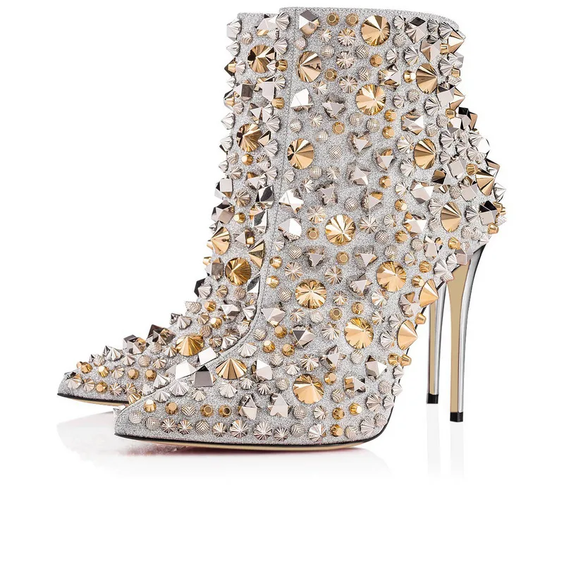 

real photos woman pointed toe rhinestones high heel ankle boots black silver gold spike rhinestones high heel short booto woman