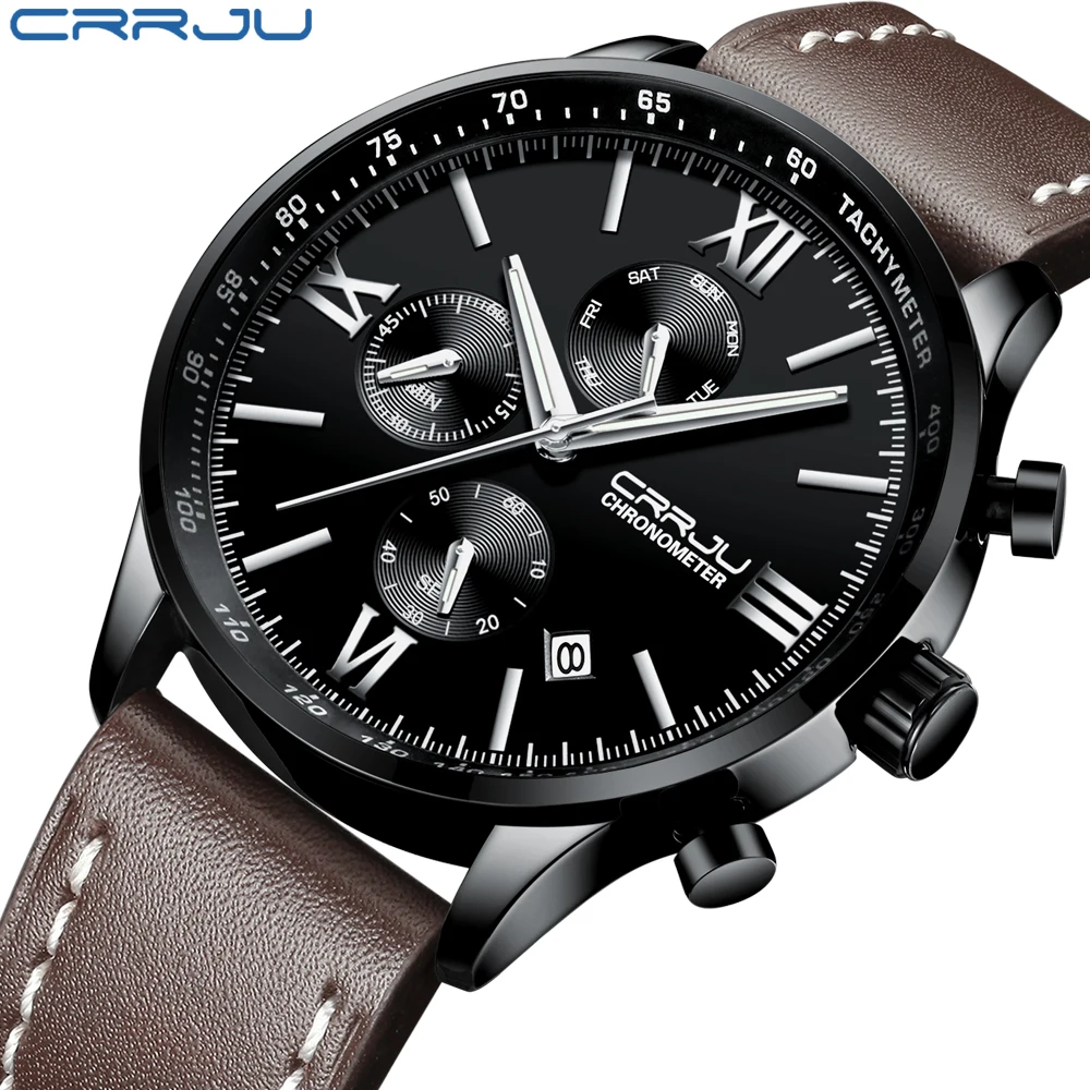 Marca de Luxo Homens de Couro Crju e Calendário Relógio de Pulso para Homem Mens Relógios Relógio Cronógrafo Quartz Masculino Montre Homme Top