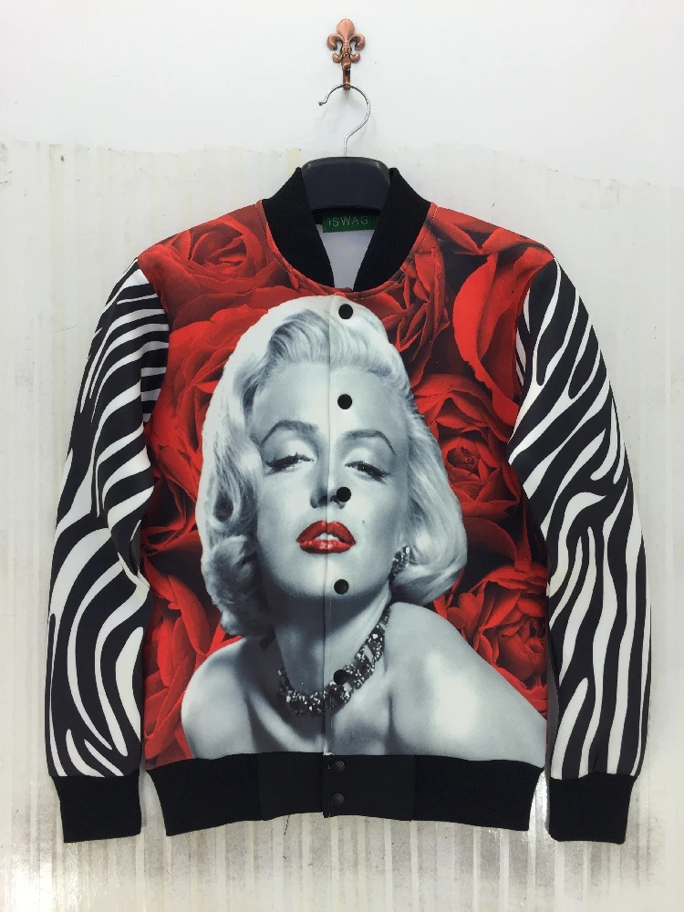 2015 newest men/women's casual baseball jacket 3D print Marilyn Monroe rose floral coat long sleeve fall/winter outwear cloth | Мужская