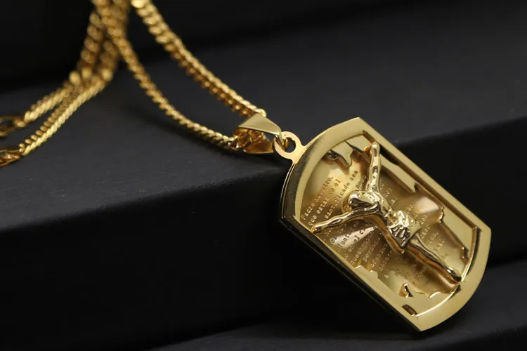 New Men's Gold Color Lord's Prayer and Crucifix Jesus Christ Dog Tag Pendant Miami Cuban Chain Hip Hop Style Necklace |