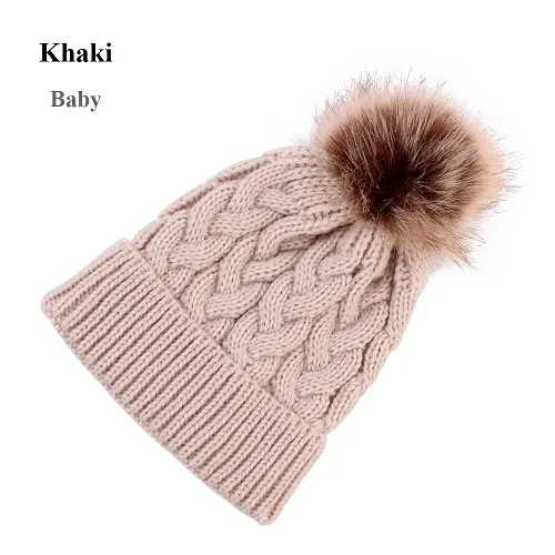 khaki hat Новинка года; Зимняя Вязаная Шапка-бини для девочек; детская теплая шапка с меховым помпоном; вязаная шапка с помпонами; мягкая Лыжная Шапка; модный Рождественский подарок - Цвет: khaki hat