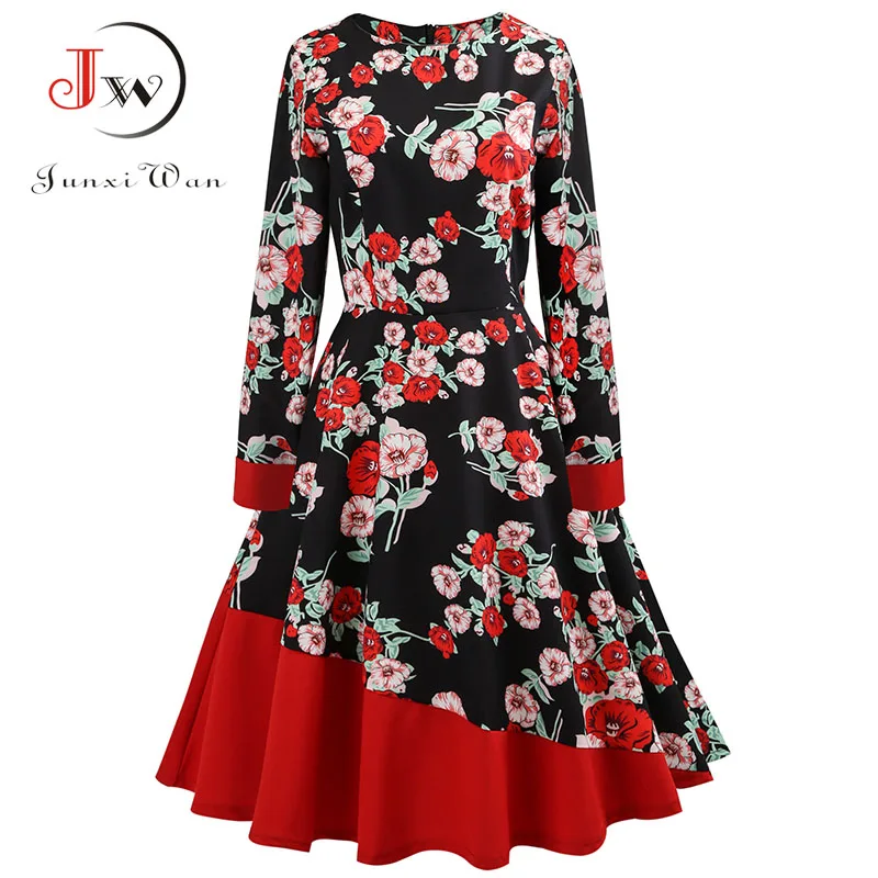 Зимние элегантные вечерние платья в стиле ретро с цветочным принтом 50s круглым