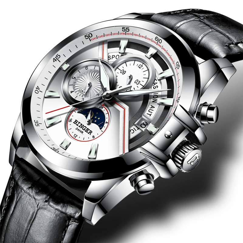 Швейцарские часы Binger мужские роскошные Брендовые сапфировый светящийся Moon Phase