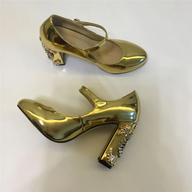 Chunky Heeled Back Clock Decor High Heel Pumps Women Bright Gold Patent Leather Rhinestone Bridal Wedding Party Shoes Heels | Обувь