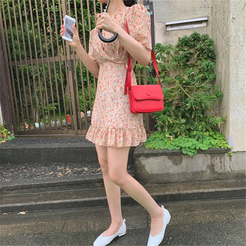 Женское летнее платье с V образным вырезом коротким рукавом и оборками|Женские