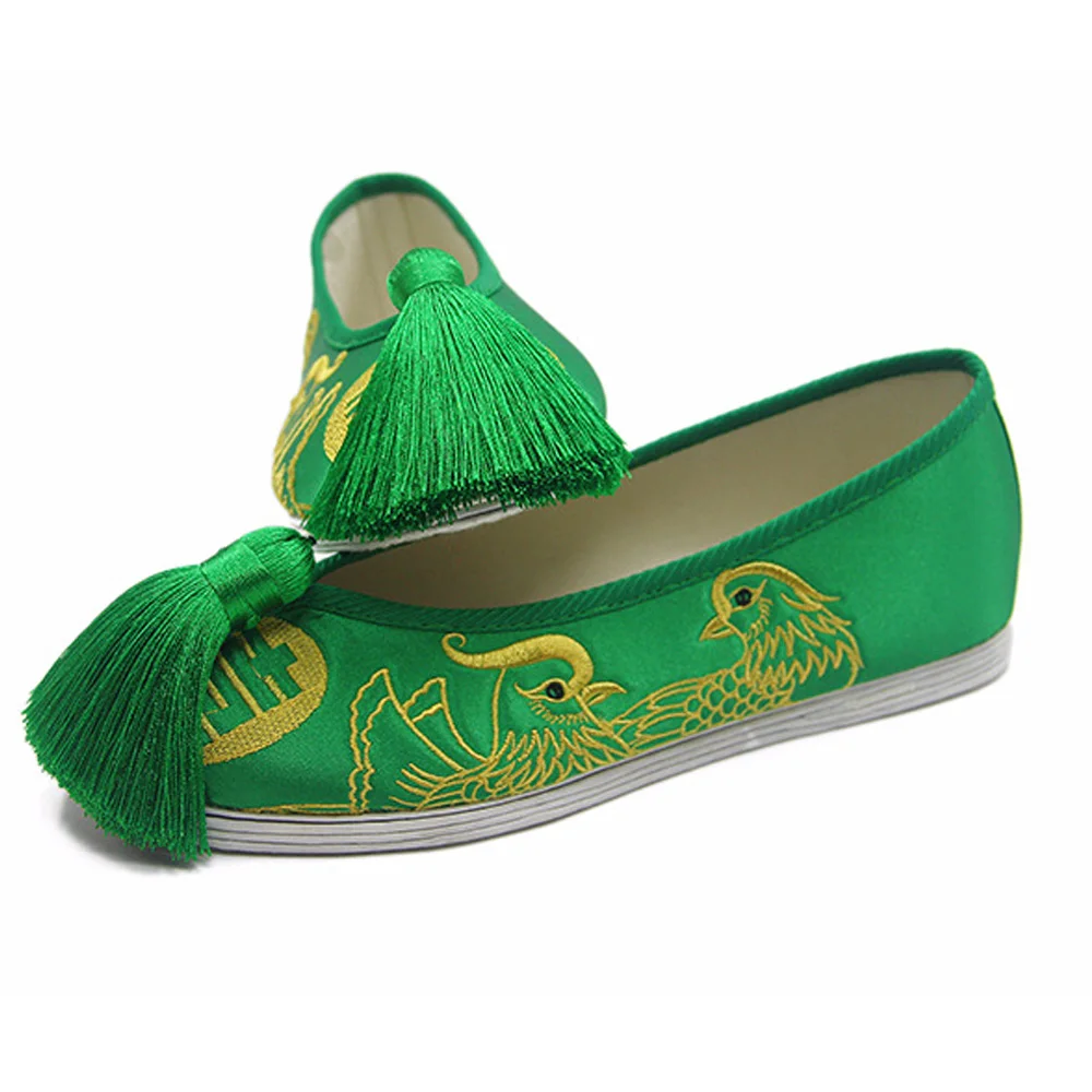 Vintage Women Flats Bride Shoes Chinese Wedding Satin Dragon Phoenix Embroidered Tassel Breathable Single Ballet Shoes Woman