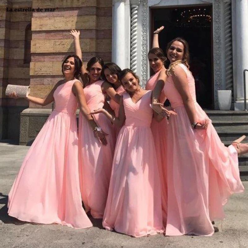 Vestido madrinha Новое шифоновое платье на одно плечо трапециевидной формы розового