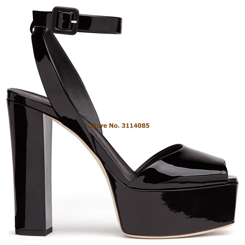 black patent leathre Женские босоножки на платформе с массивным каблуком серебристого и телесного цвета, модельные туфли с открытым носком и ремешком на щиколотке, туфли-гладиаторы на толстом квадратном каблуке - Цвет: black patent leathre