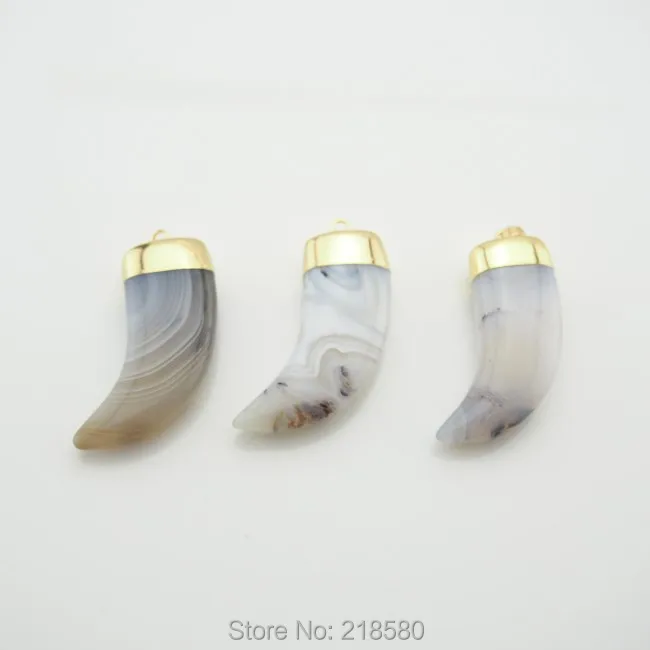 H-1PPNJ3056G серые кружевные Агаты Рог Подвески в виде Клыка с золотым гальваническим