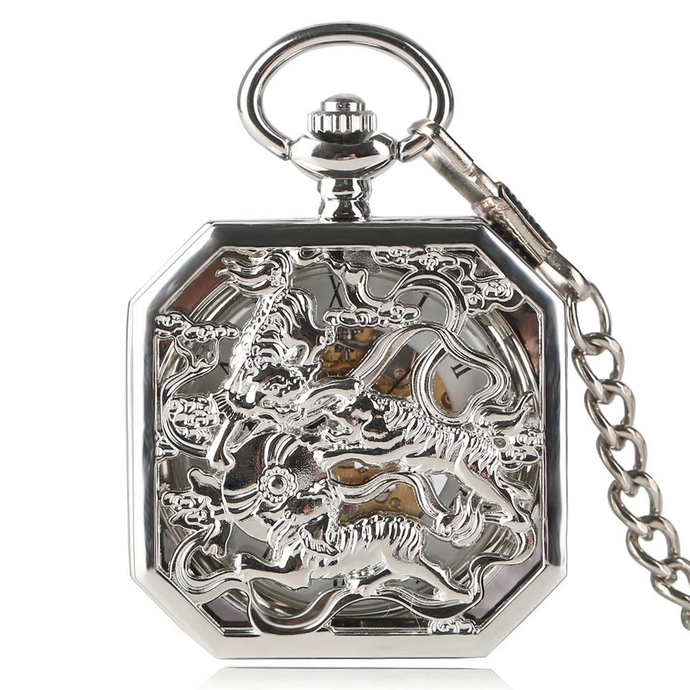 

Silver Carving Double tiger Pocket Watch Men Vintage Skeleton Hand Winding Mechanical Pendant Watches Fob 30cm Chain Clock Gift