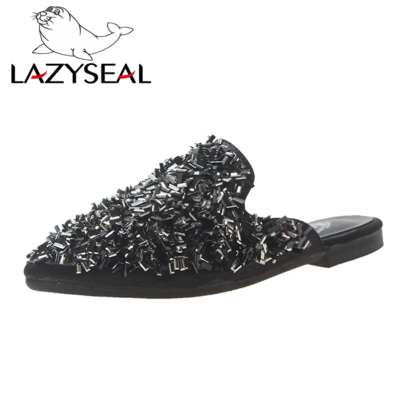 Black LazySeal/женские тапочки с острым носком; шлепанцы с кристаллами; женские роскошные Тапочки; женские шлепанцы; женская обувь для улицы; женские шлепанцы - Цвет: Black