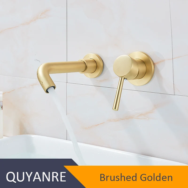 Brushed Golden Quyanre матовый золотой кран для раковины, скрытый настенный кран, 360 вращение, одна ручка, кран для горячей и холодной воды, смеситель для ванны - Цвет: Brushed Golden