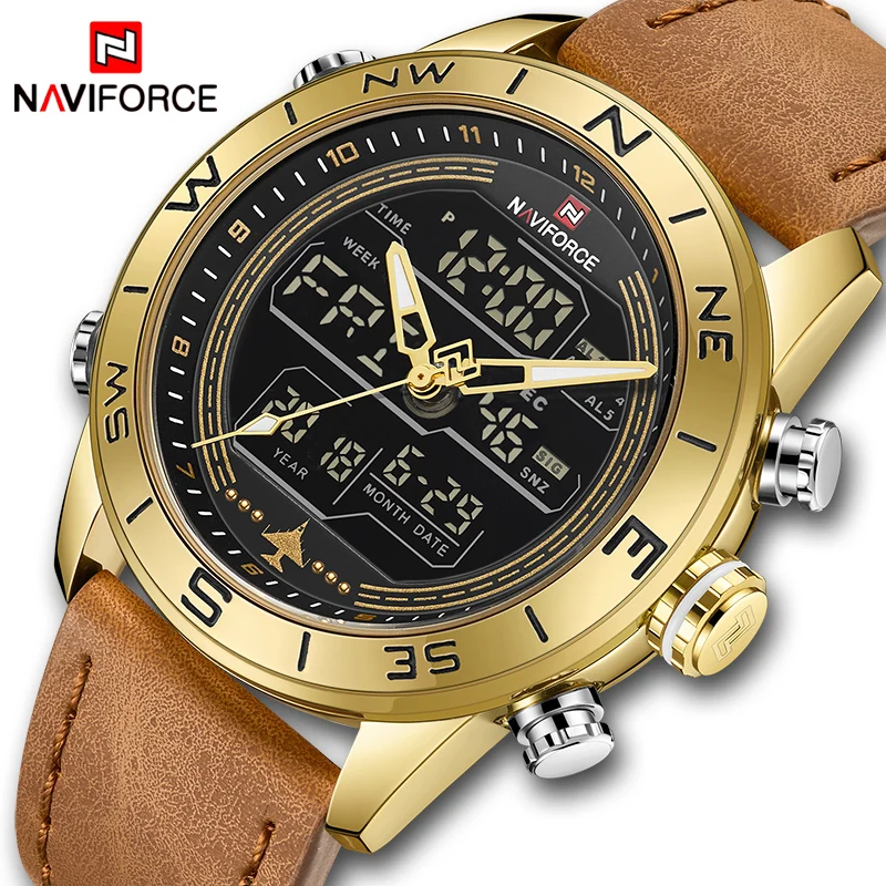 NAVIFORCE 9144 мужские модные золотые спортивные часы СВЕТОДИОДНЫЕ Цифровые кварцевые