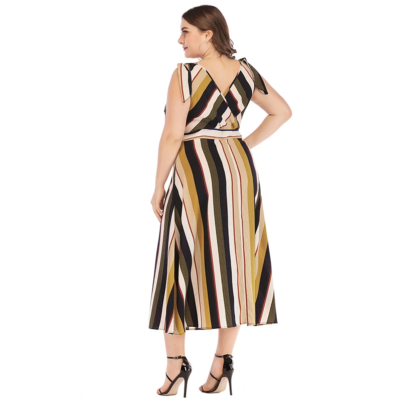 Женское шифоновое платье в полоску без рукавов с v-образным вырезом Элегантное