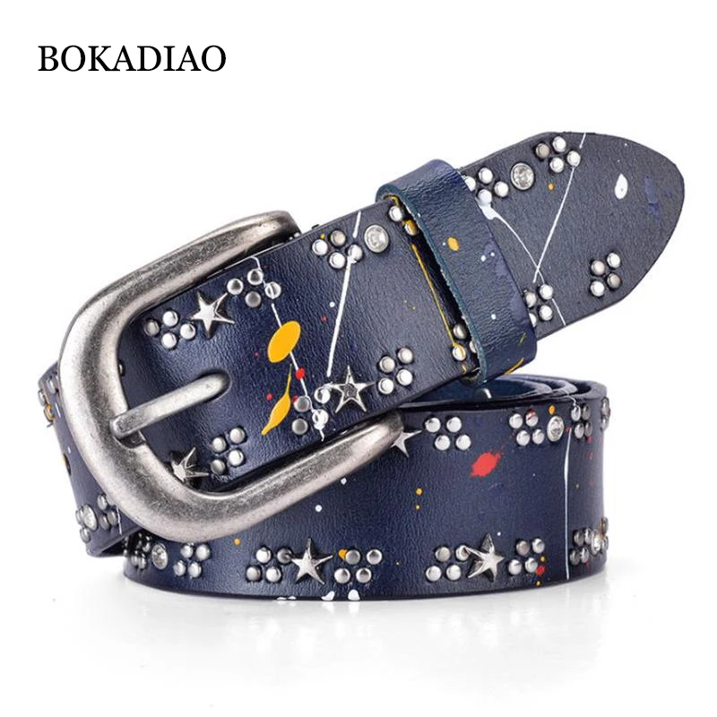 BOKADIAO Hot women's genuine leather belt Punk star Rivets luxury brand designer belts for women fashion female jeans belt Black