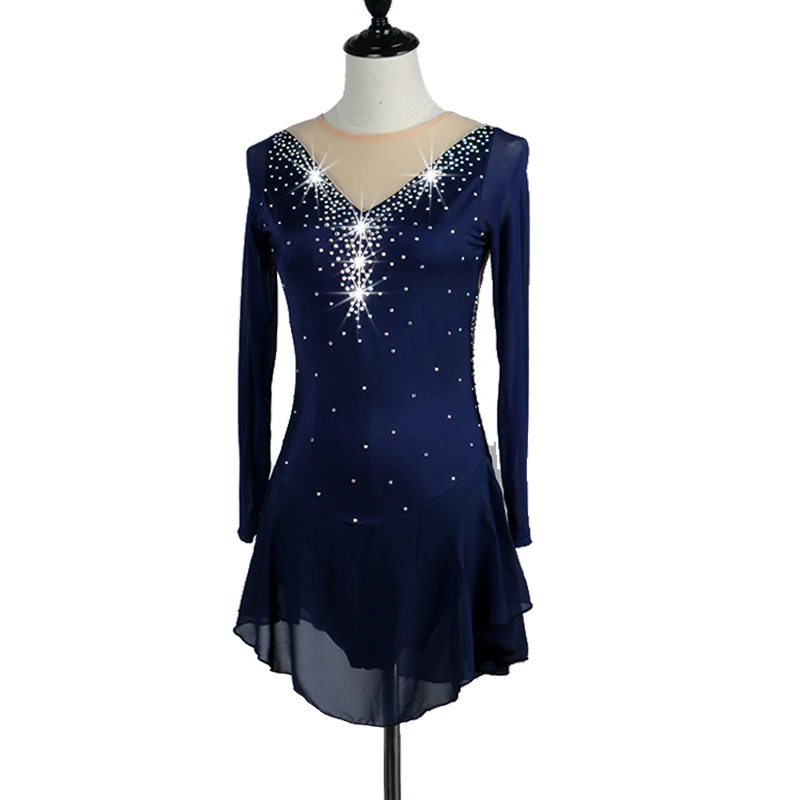 Платье женское для катания на коньках с блестками из синего спандекса|ballroom wear|latino