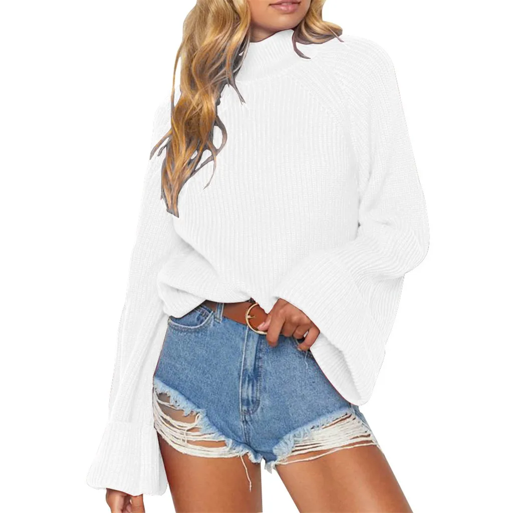 Turtleneck Sweater Women Pullover Plus Size Knitted Solid Bell Sleeve O-Neck Blouse 2019 | Женская одежда