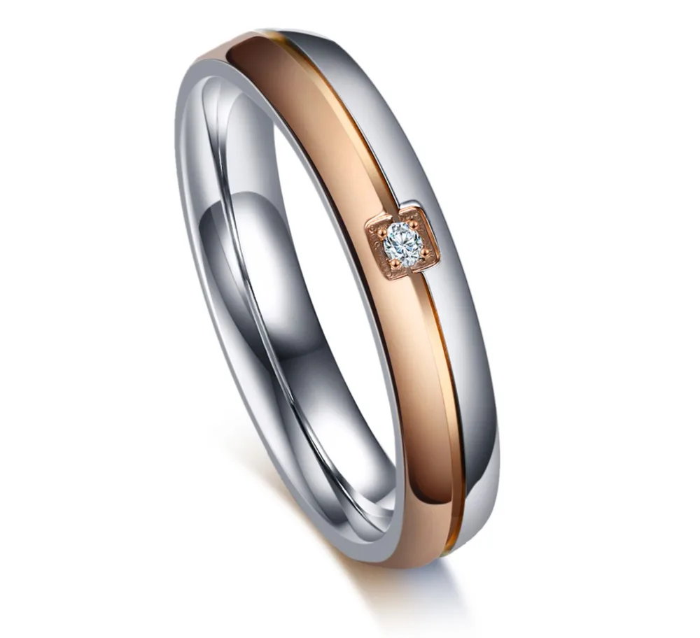 Парные кольца из нержавеющей стали с фианитом черно розовое золото|ring couple|true