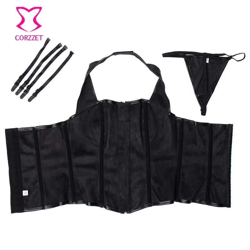 Черный готический корсет кожаные топы с лямкой через шею Женский для бурлеска