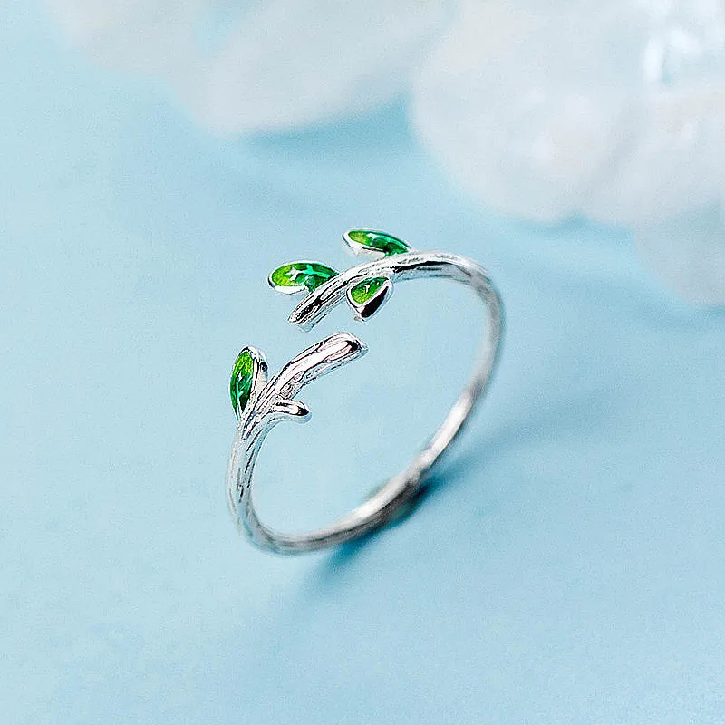 

PONYKISS Vintage 100% 925 Sterling Silver Resizable Opening Green Branches Ring Jewelry Women Birthday Party Engagement Gift