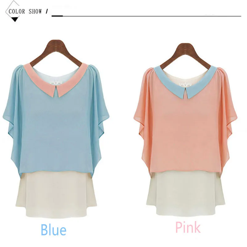 women's wear new style loose color crash doll collar turn-down patchwork chiffon sleeves shirt. |
