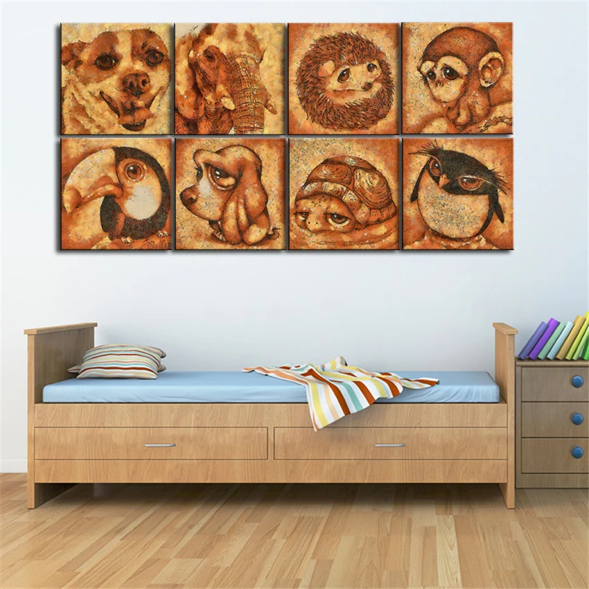 

8PCS Decorative Art print cute animal Oil Painting On Canvas kids Room babe Home Decor Wall Paintings No frame Animal Pictures