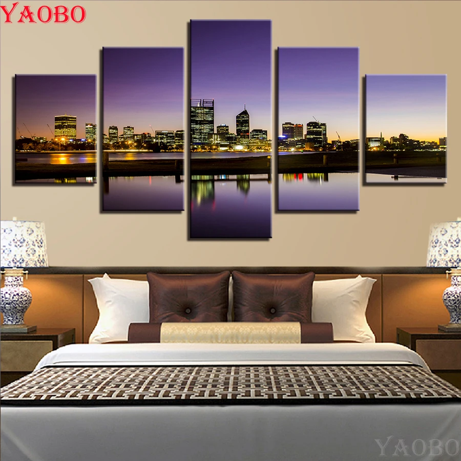 

diy Diamond embroidery 5 Pieces Seaside City Building Harbor Nightscape diamond painting square round Mosaic Modern Home Decor
