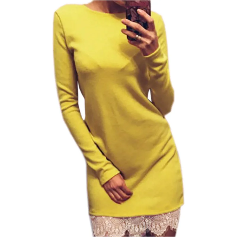 Осенне-зимнее женское облегающее платье Conton Lace Patchwork Hem с длинным рукавом однотонное вечернее Клубное сексуальное платье Kawaii LX067 - Цвет: Yellow