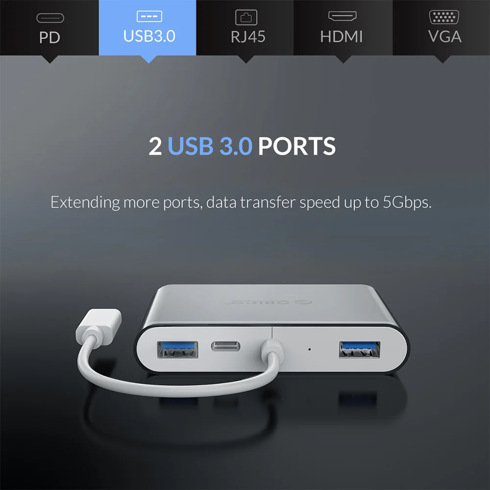 ORICO USB C концентратор для ноутбука PD функция зарядки алюминиевый сплав тип-c к HDMI/VGA/USB3.0/RJ45/SD TF кардридер 7 моделей серый