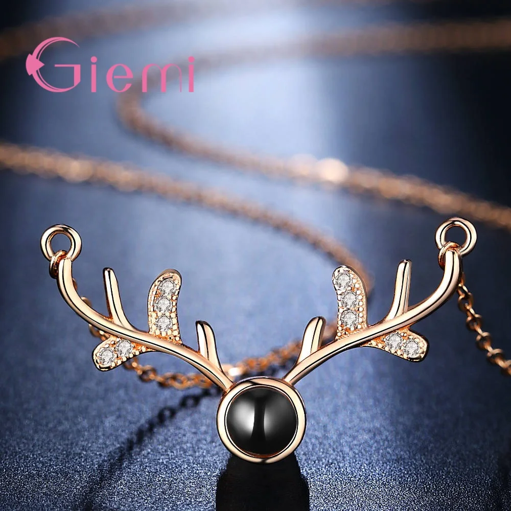 4 Styles CZ Stone Lucky Deer Horn Projection Necklace Rose Gold 100 Languages I Love You Elk Pendant Necklaces Christmas Gift | Украшения и