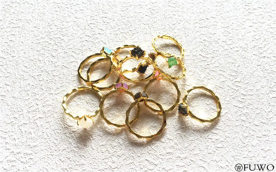 FUWO квадратное кольцо Aura Druzy с 24K золотым наполнением, минималистичный дизайн, необработанные кольца Druzy для женщин, регулируемый размер RG017