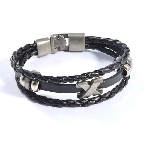 Модный Мужской винтажный Многослойный кожаный браслет из титановой стали X cross