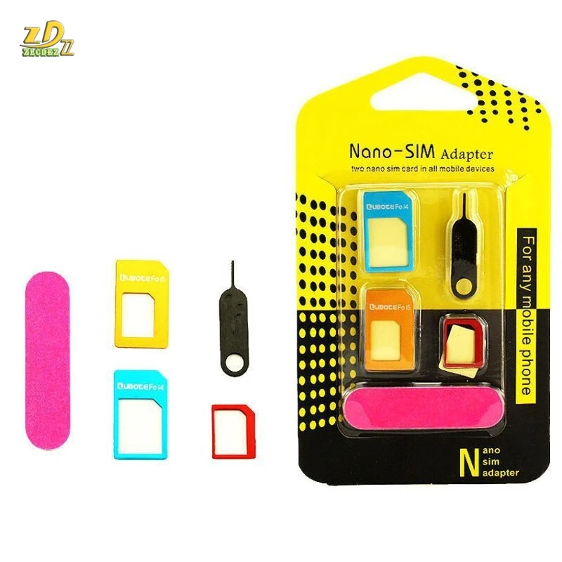 

5in1 Nano Sim Card Adapters + Regular & Micro Sim + Standard SIM Card & Tray Open Needle Tools For phone with Retail Box 100set