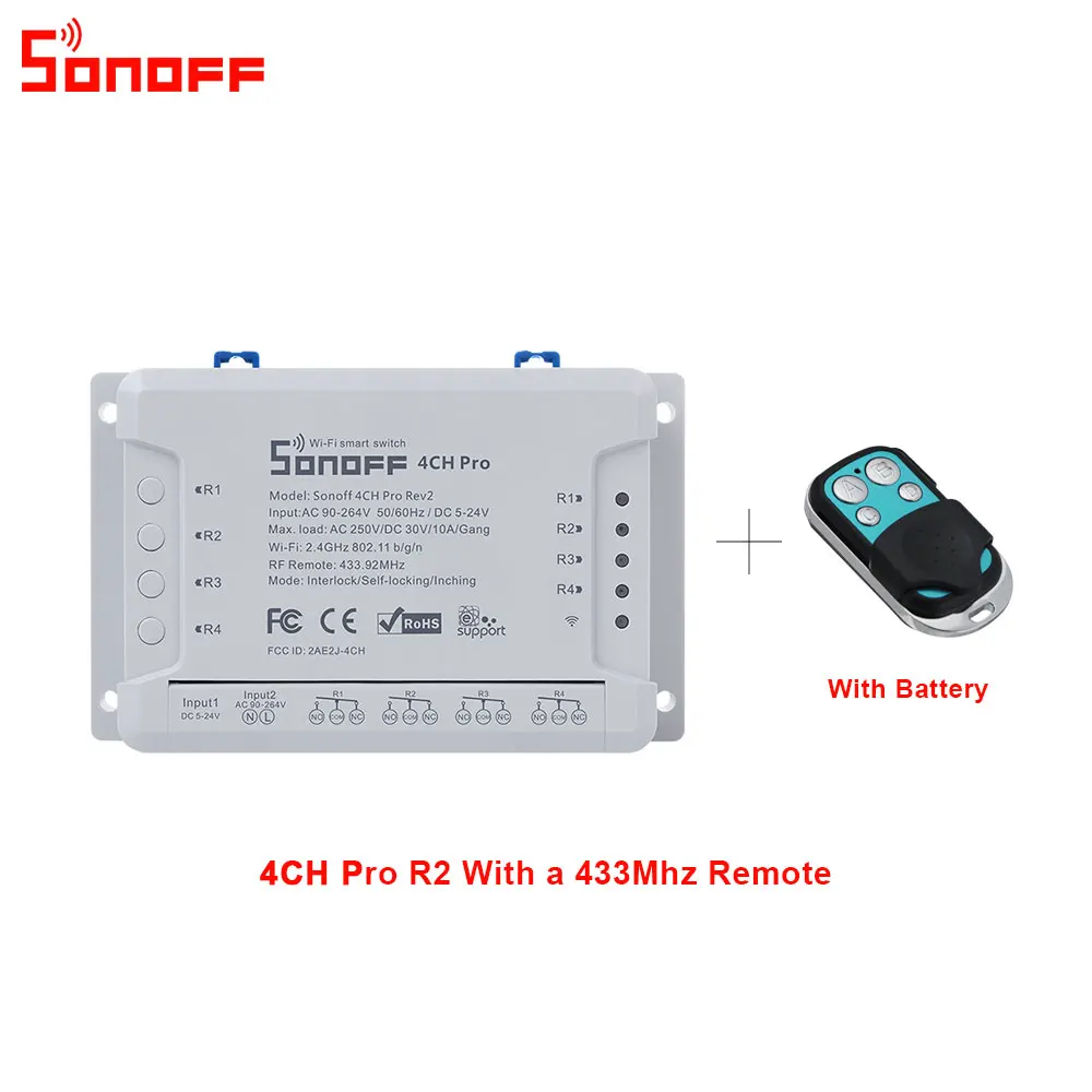 4CHProR2 With Remote Itead Sonoff 4CH Pro R2 Wifi переключатель 4 канала инчинг самоблокирующийся замок умный WiFi RF пульт дистанционного управления работа с Alexa - Комплект: 4CHProR2 With Remote