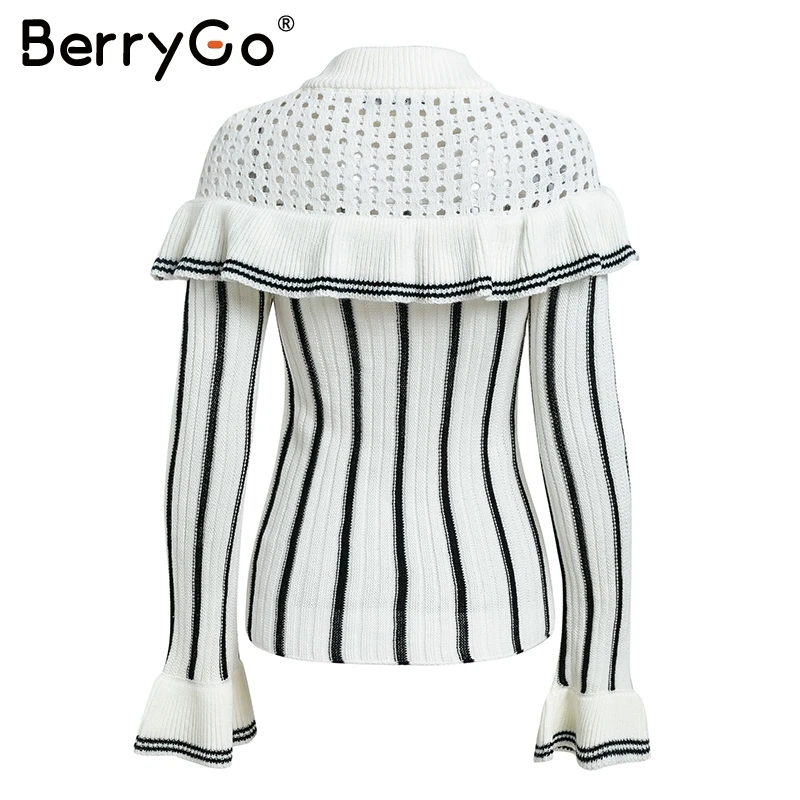 BerryGo Sexy hollow out ruffles knitted pullover Women casual striped sweater autumn winter 2018 Flare sleeve warm jumper female | Женская